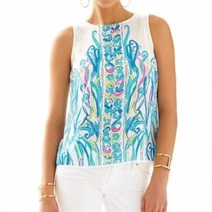 Lilly Pulitzer Blue White 100% Silk Iona Sky Floral Shell Button Back Tank Top M